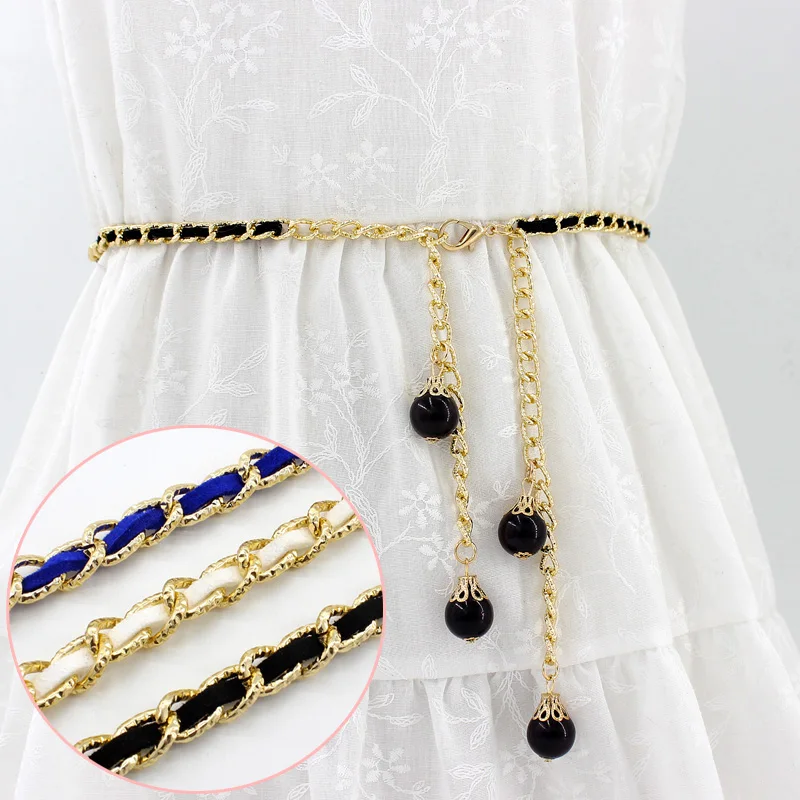 Hot sale Plus size suede metal chain Woman  Dress Decorate pearl Simple Waist Belts