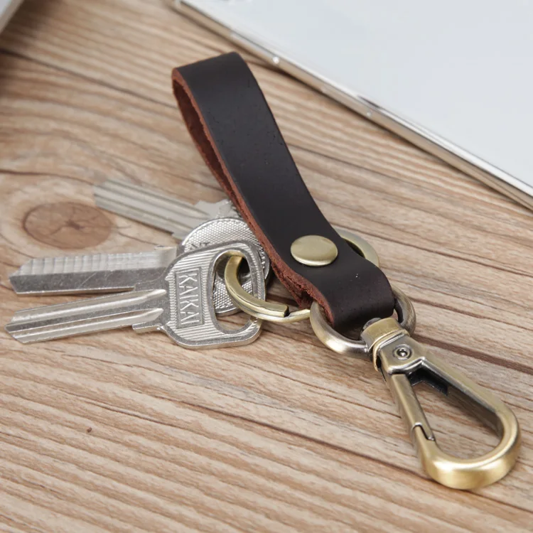 Vintage Leather Gift Custom Embossed Logo Key Chain Key Ring Real Crazy Horse Leather Carabiner Armband Keychain