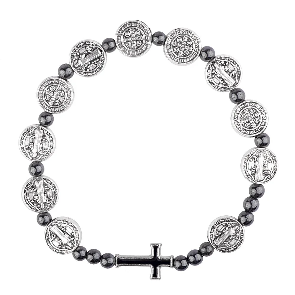 Hematite Crucifix Bracelet Elastic St Benedict Metal Beads Hematite Men Bracelet