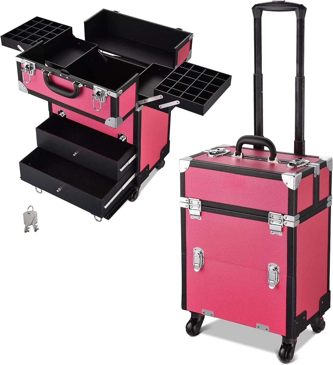 Rolling Makeup Train Case  2 Drawers Sliding Trays Beauty Salon Lockable Nail Polish Organizer Case