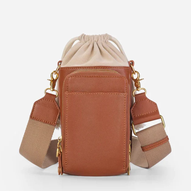 Custom Waterproof Sport Leather Sling Bottle Holder Handbag Drawstring Water Bottle Crossbody Purse Bag With Pocket