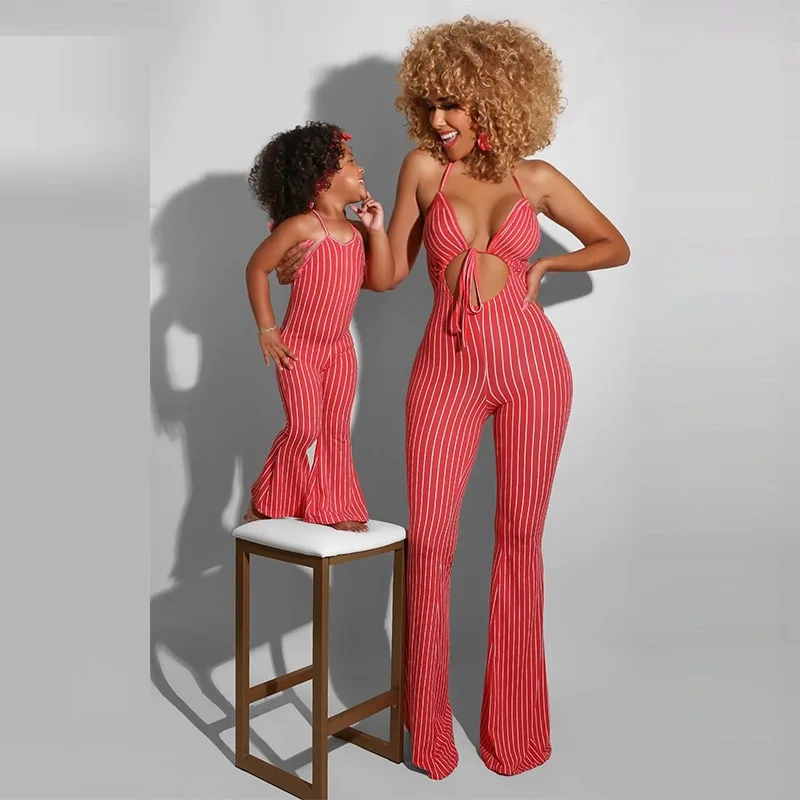 
Wholesale Mommy and Me Jumpsuit Women long pants fashion onesie Baby Girls Rompers stripe Print Summer Mommy and Me Outfits 