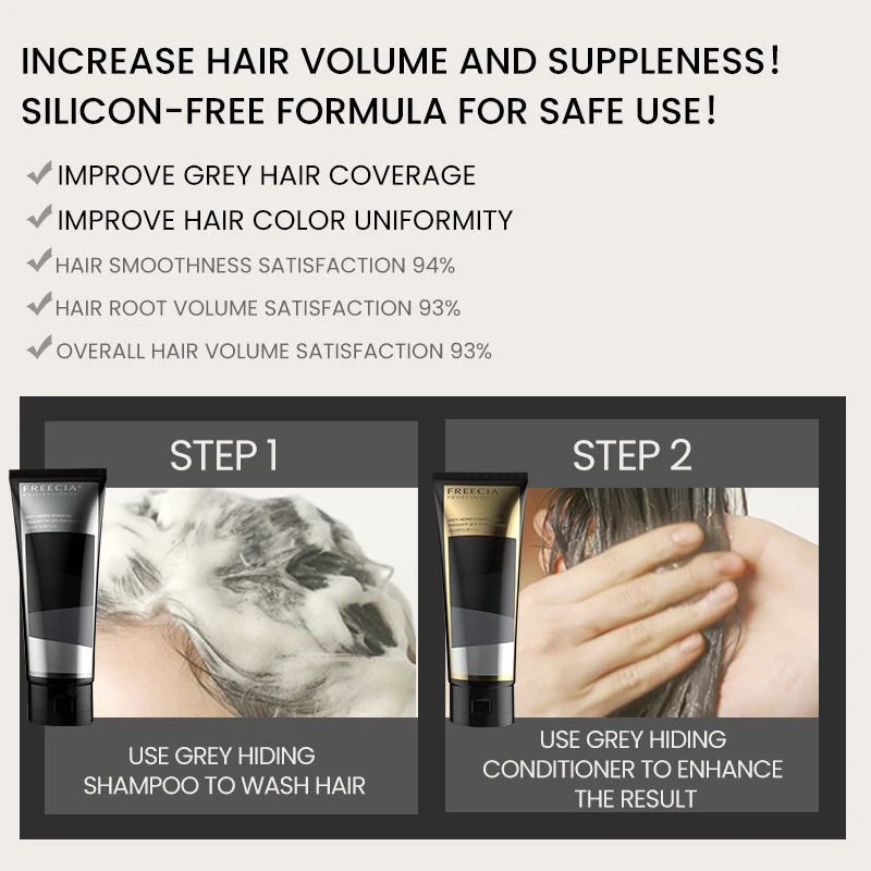 Grey hiding shampoo and conditioner Champu y acondicionador para ocultar canas black hair shampoo Freecia