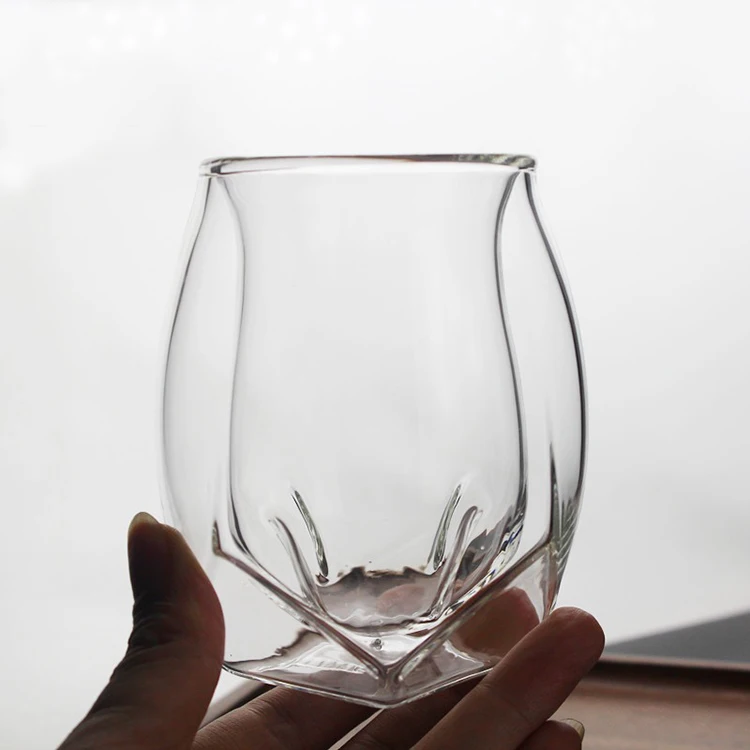 Unique Shape Double Walled Glass Whiskey Cup Multilateral Figure Double Layer Shot Glass For Wine