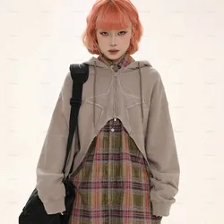 2022 Y2K Outfit Hippie Korean Style Clothes Women Crop Star Top Zip Up Hoodie Short Pullover Zipper Patchwork Hooded Sweatshirts