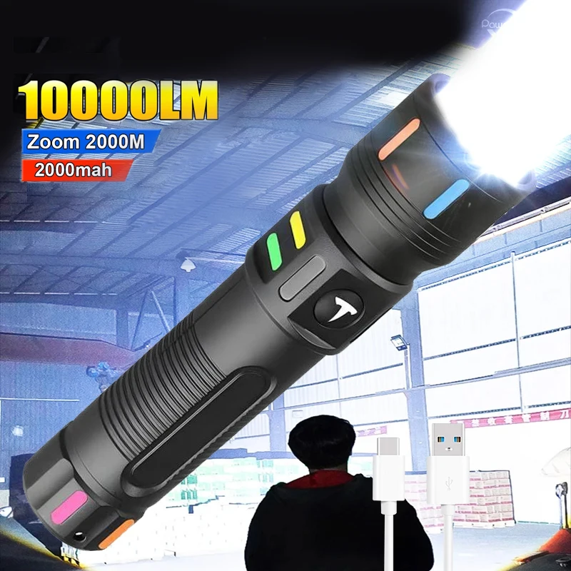 3 Modes Work Light Lantern Zoomable 100000 Lumens Power Bank Waterproof Long Range Flashlights Torches