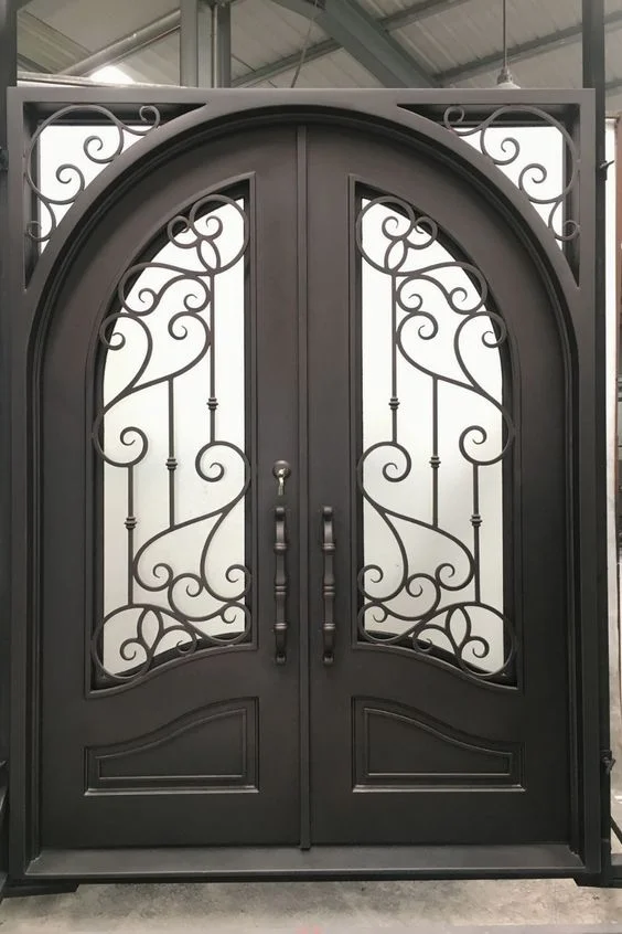 Modern Wrought Iron Double Residential Front Entry Doors Iron Exterior Doors