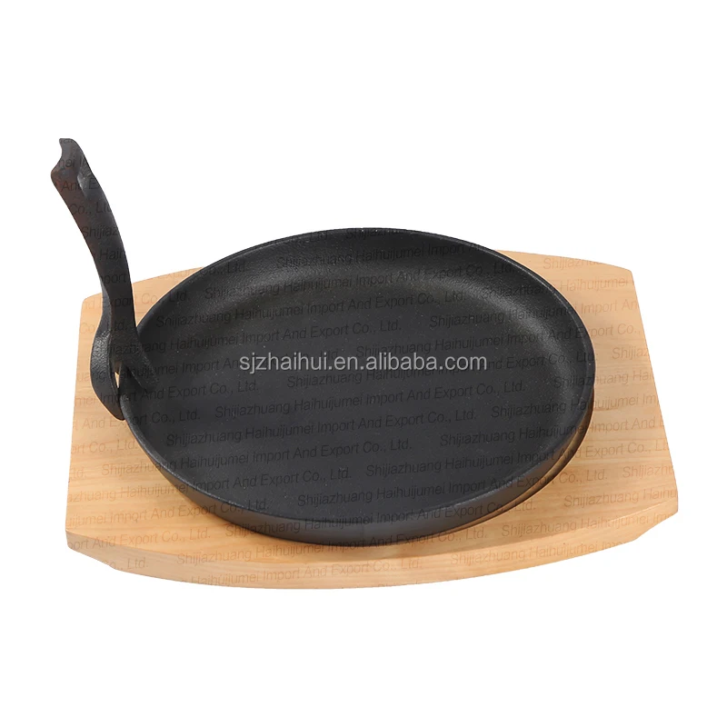 Manufacture Pre-Seasoned Barbecue BBQ Cast Iron Fajita Sizzling Steak plate Pan Tray Set Remove Handle Wooden Base