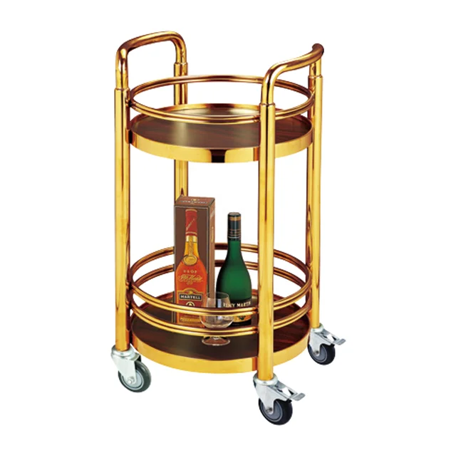 Factory Direct Sale Luxury Gold Stainless Steel Hotel Buffet Trolley Wheels 2-Tier Wine Food Serving Cart Wooden Trolley Tea