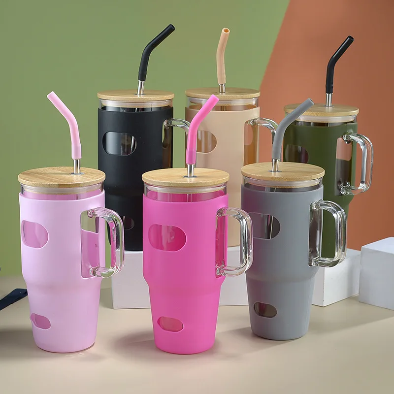 Wholesale 32oz Glass Tumbler with Bamboo Lid Silicone Cover Straw Custom BPA-Free for Coffee Beer Wood Material Mugs Accessories