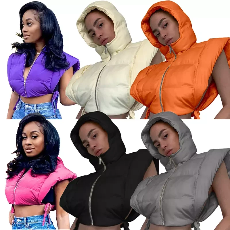 2022 New Winter Casual Fashion Street Style Plain Bubble Hoodie Vest Jacket Sleeveless Cropped Women Puffer Vest