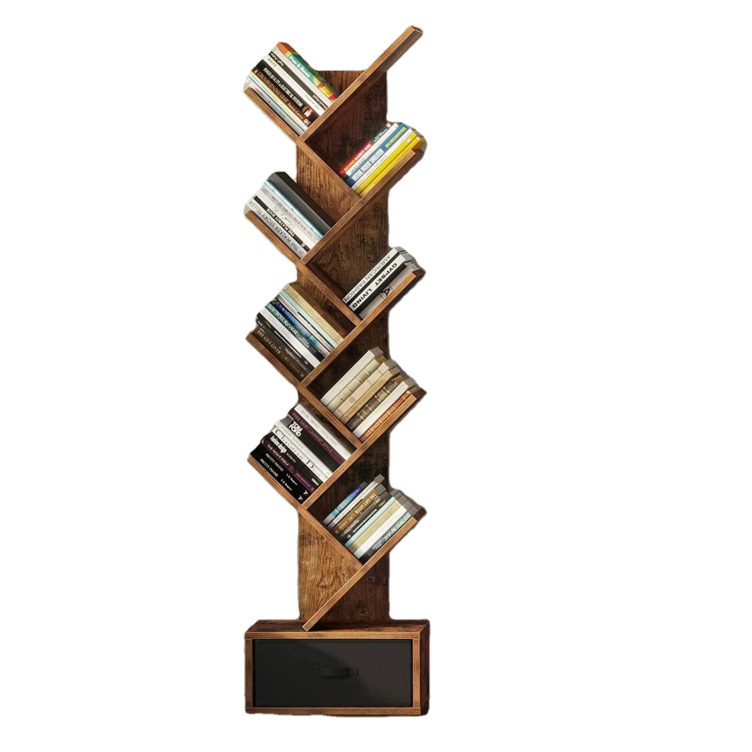 Tree Bookshelf Drawer Retro Wood Storage Rack for CDs/Movies/Books Utility Organizer Shelves for Living Room Bedroome