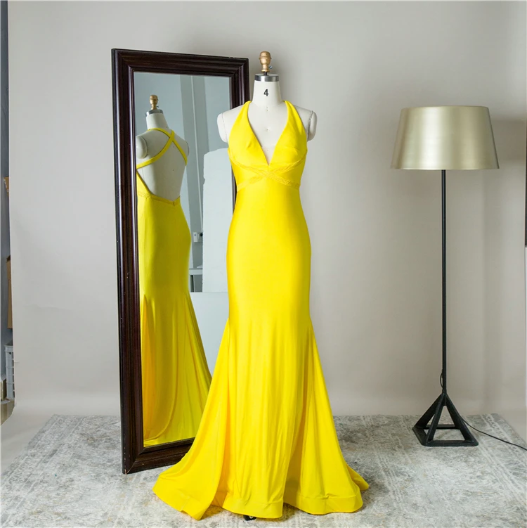OEM & ODM welcome v neck halter shiny yellow yellow mikado mermaid prom dresses