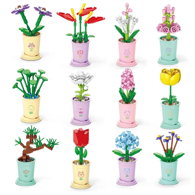 Lele Brother Flowers Building Blocks 12 Animals Models Mini Lucky Blossom Potted Plant Bricks Toys Kids DIY Gift
