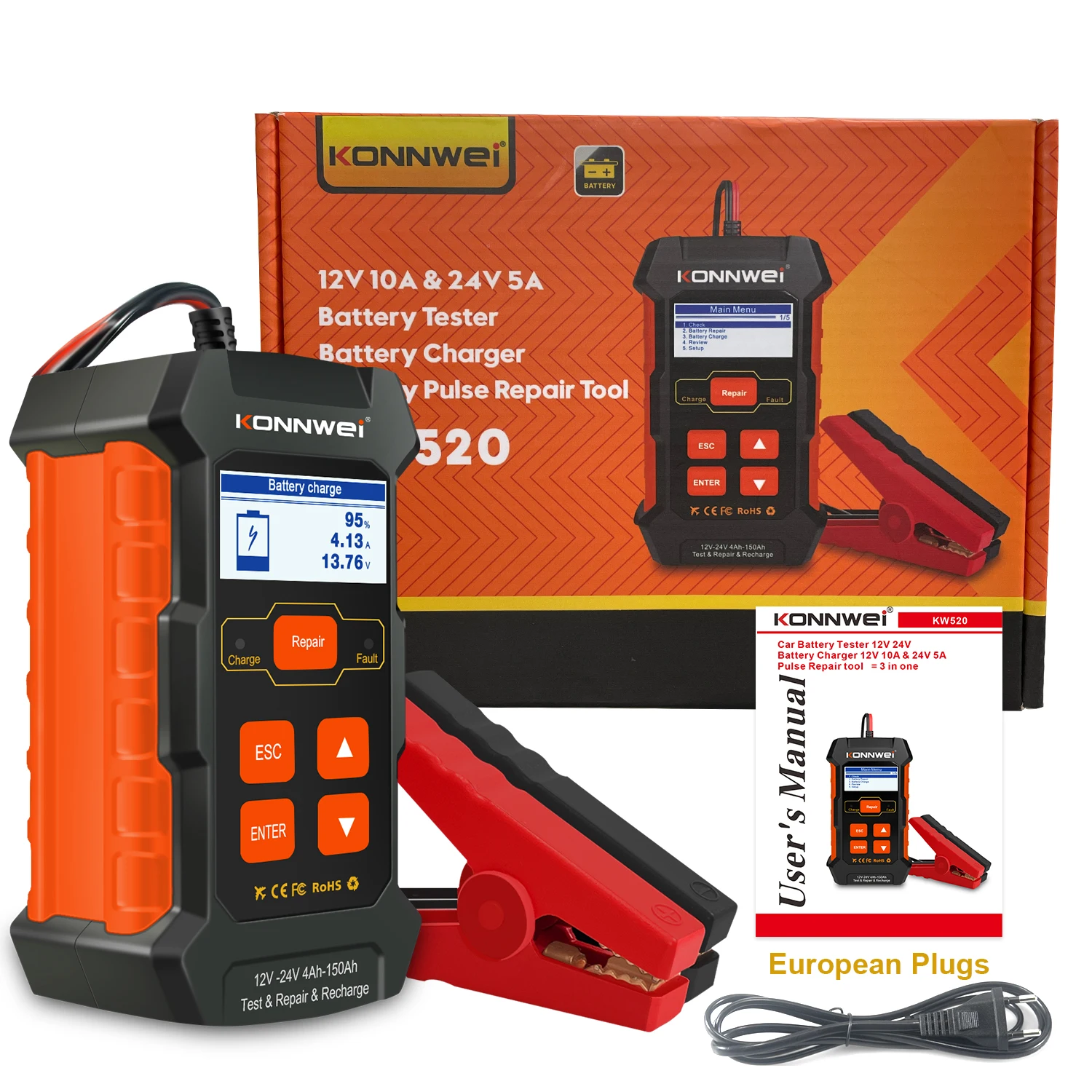 Factory Direct Konnwei kw520 Wholesale 12V 24v 10 A 5A Motorcycle Smart Car Battery Charger for car battery lead acid, lifepo4