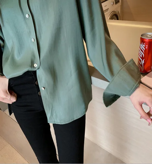 Wholesale 2021 Autumn New Style Korean Retro Temperament Satin Solid Color Loose and Thin Lapel Long-sleeved Bottoming Shirt