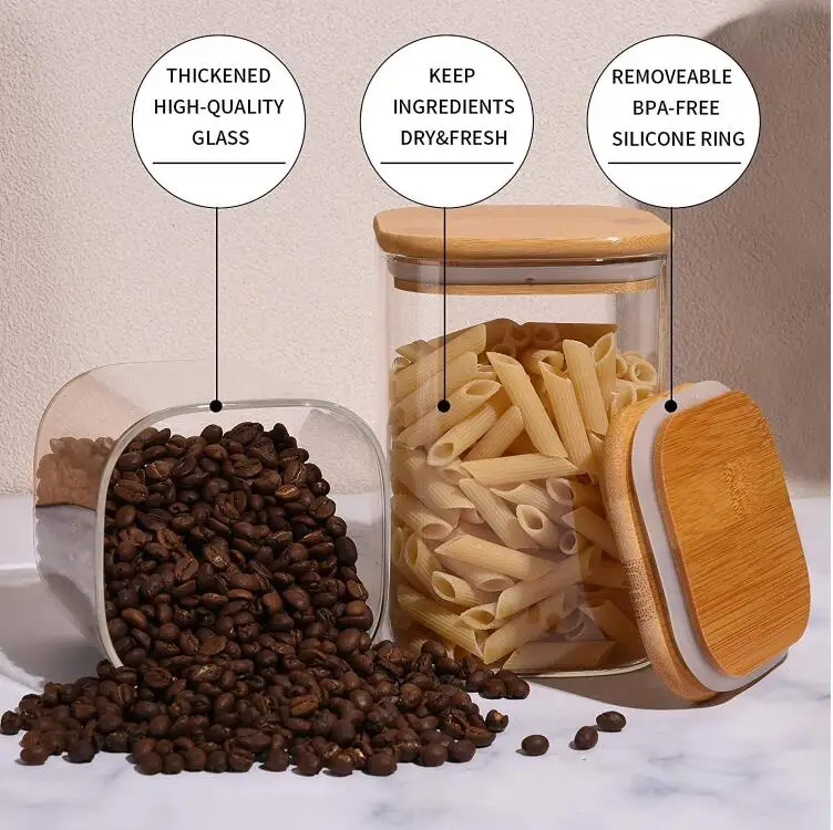 Устойчивая к высоким температурам боросиликатная деревянная крышка без БФА квадратная стеклянная баночка бамбук