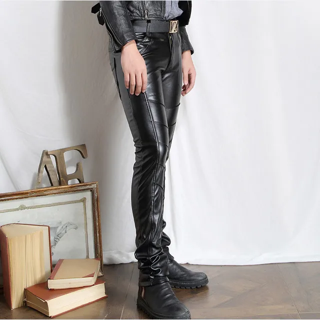 Hot winter man sexy tight pu leather pants black spandex sexy leather pants high waisted skinny black leather pants