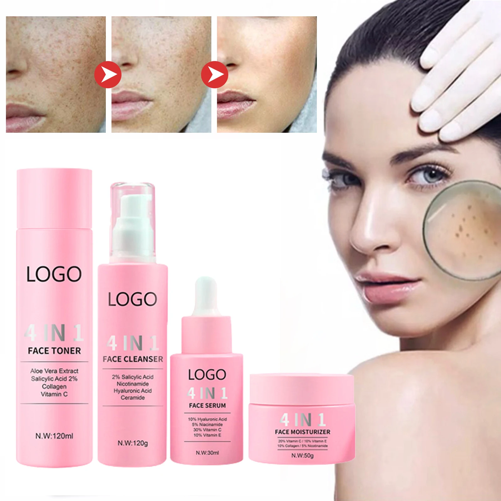 Wholesale 4 in 1 Skin Whitening Cream Set Vitamin C Dark Spot Removal Serum Private Label Korean Beauty Products Skin Care Set