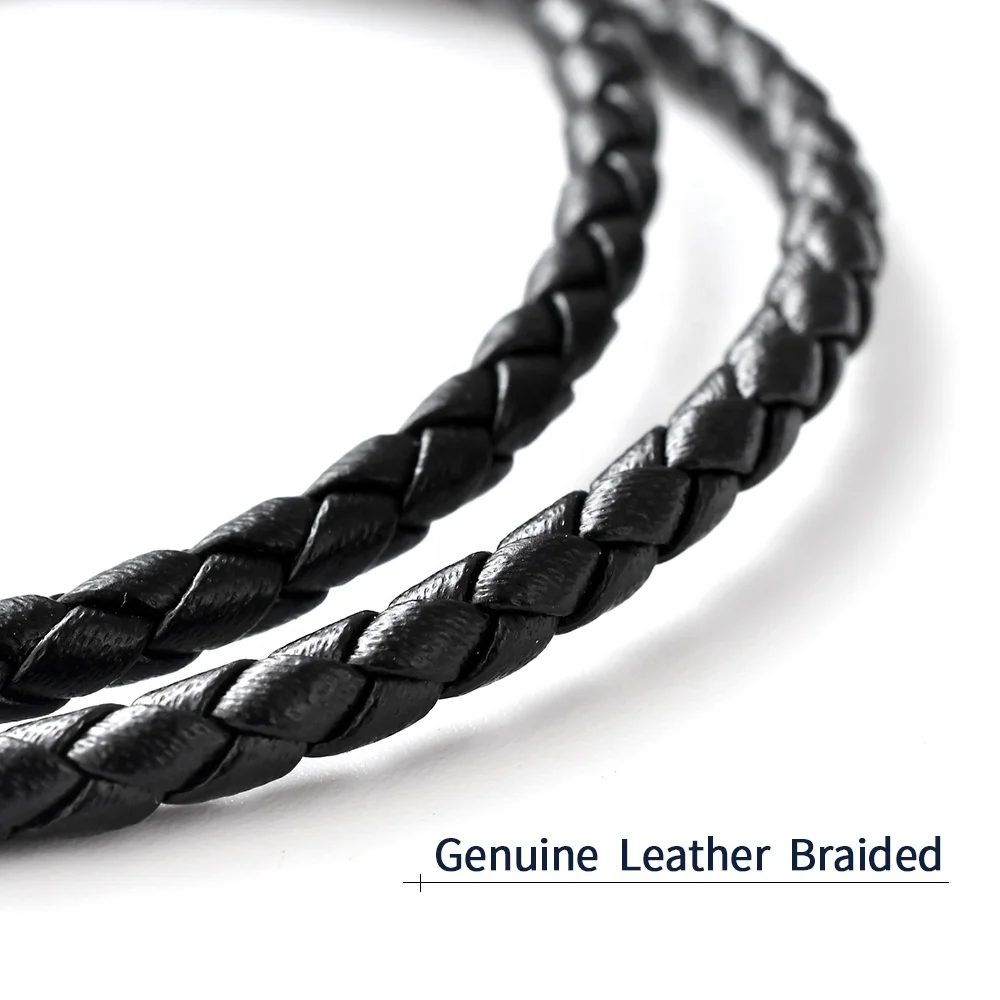 F560 Unisex Black Steel Stainless Magnetic Clasp Mens Genuine Cowhide Braided leather wrap bracelet for men or Women jewelry