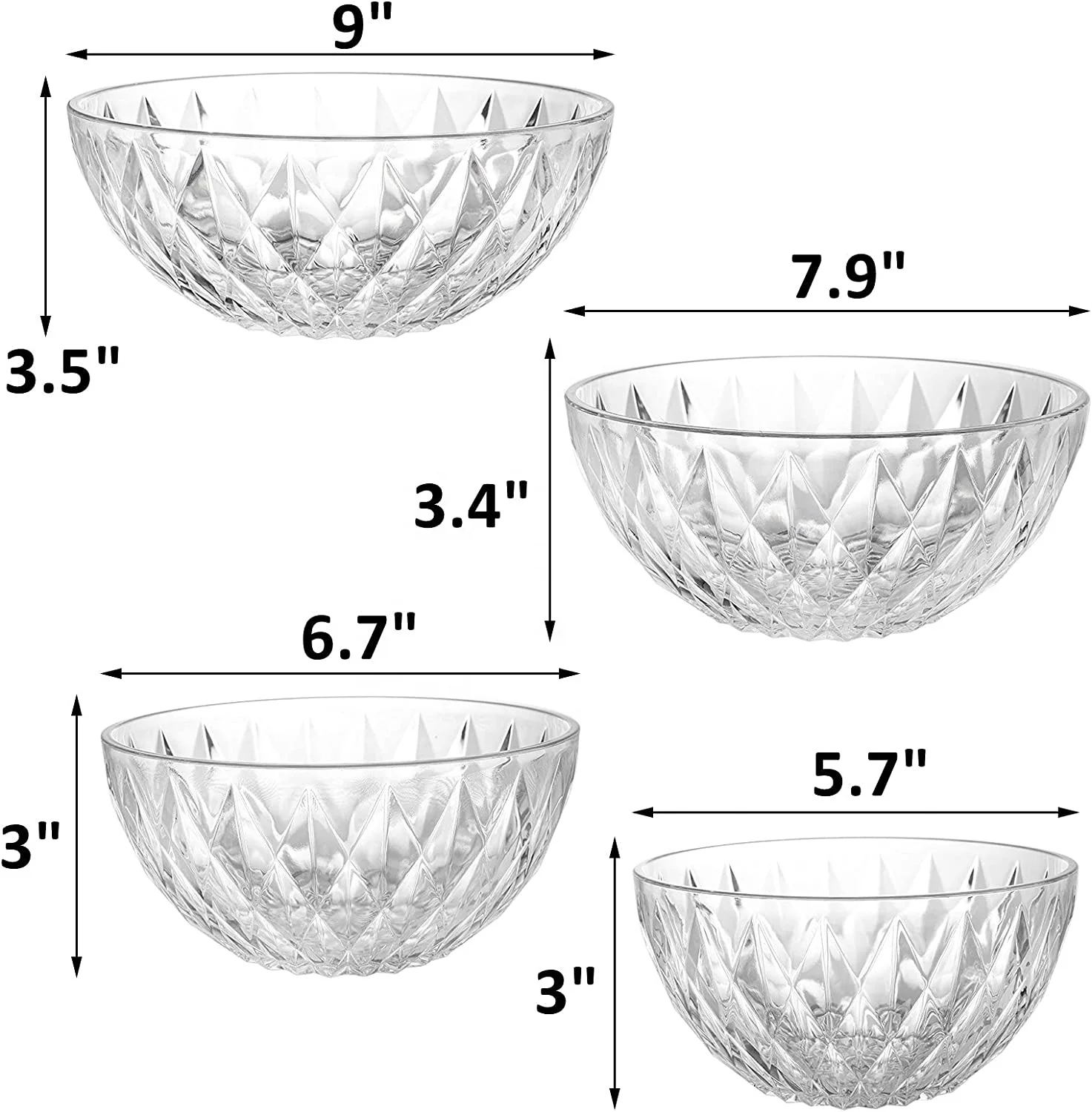 Set of 4 BPA Free Clear Acrylic Mixing Serving Salad Bowls for Fruit Salad Popcorn Chips Dips Condiments Party Snack