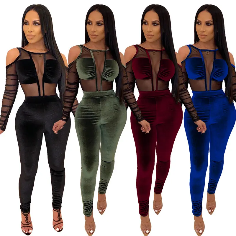 Mesh stitching sheer gold velvet stacked corset bodycon sexy long sleeve purple blue black off the shoulder jumpsuit