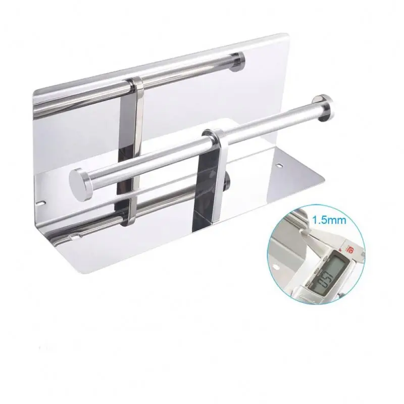 Double Toilet Paper Holder with Shelf Polished Chrome SUS304 Stainless Steel Contemporary Bathroom Tissue Roll Holder Cell Phone
