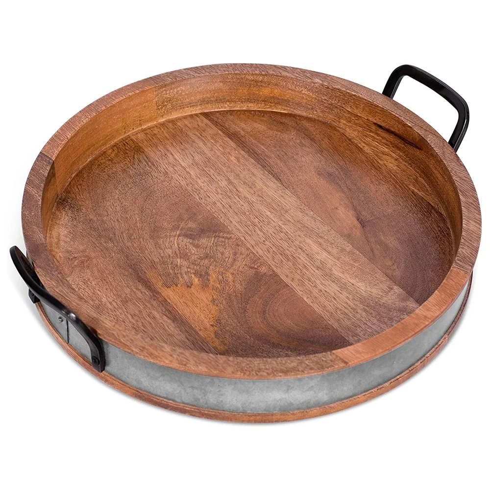 
Wooden Serving Tray with Handles Iron Accents Round Barrel Top Breakfast Trays Tea Cheese Board Coffee Table Decor Natural Wood 