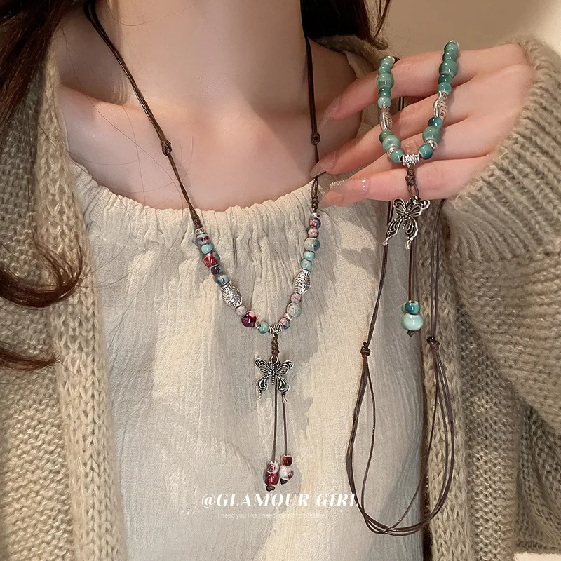 New Chinese Ceramic Tassel Multi-Layer Braided Rope Necklace National Fashion Retro Clavicle Chain All-Matching Women