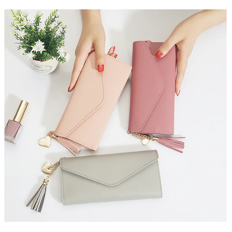 2021 PU girls Korean style cute candy color Macaron long cash wallet coin purses card holder with tassel