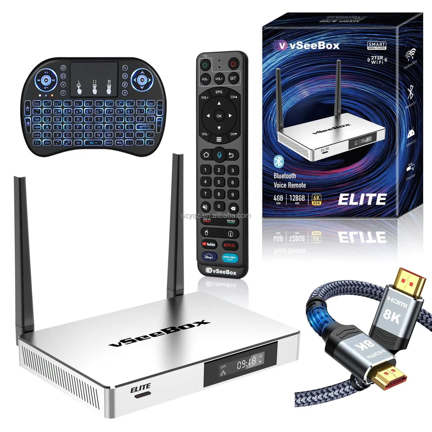 VSeeBox V3 Pro 2024 Android V4 TV Box с голосовым пультом дистанционного управления мини-клавиатурой подсветкой и кабелем 8K (4 ГБ оперативной памяти + 32 ROM)