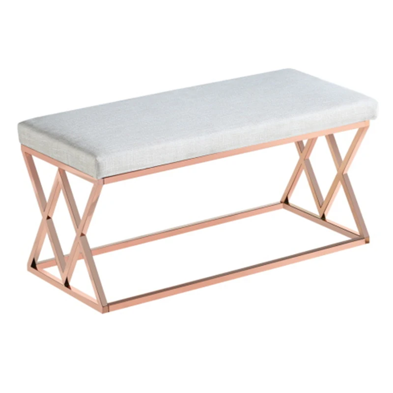 Rose Velvet fabric leather Long bench chair with soft upholstery seat chair stainless steel frame