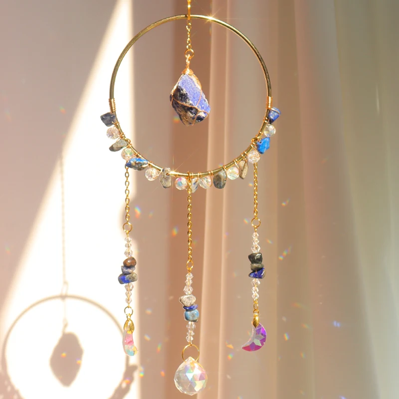 Wholesale circle raw crystal lapis lazuli astrology suncatcher gemstone himmeli suncatcher custom