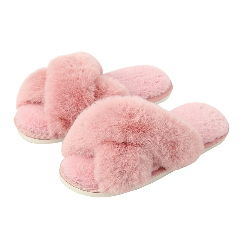 Autumn and Winter Women Large Size Indoor Floor Slider Open-toe Crossed Warm Faux Rabbit Fur Slippers
