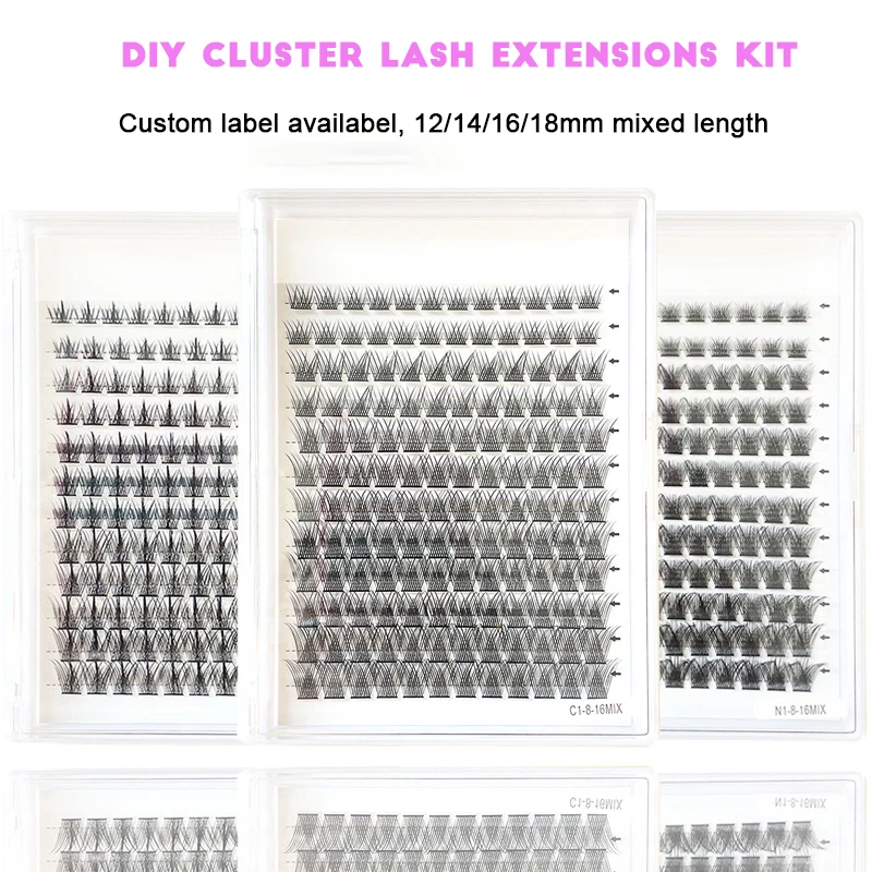 wholesale fluffy 4 in 1 mixed sizes 8-16mm extensions cluster lash customizable diy superfine 30d 480 kit with private labeling