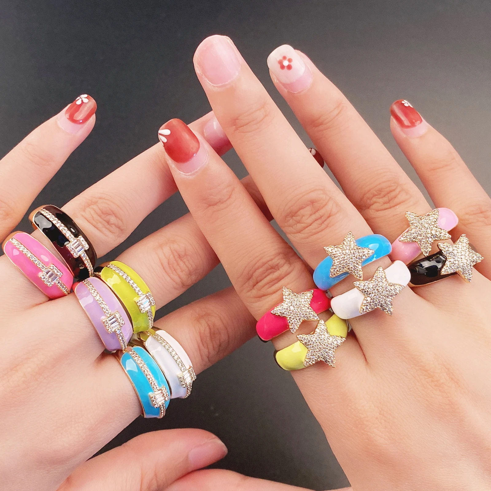 2021 Neon Enamel Shiny Zircon Opening Metal Adjustable Ring For Women Gold Plated Chunky Rings Engagement Wedding Jewelry