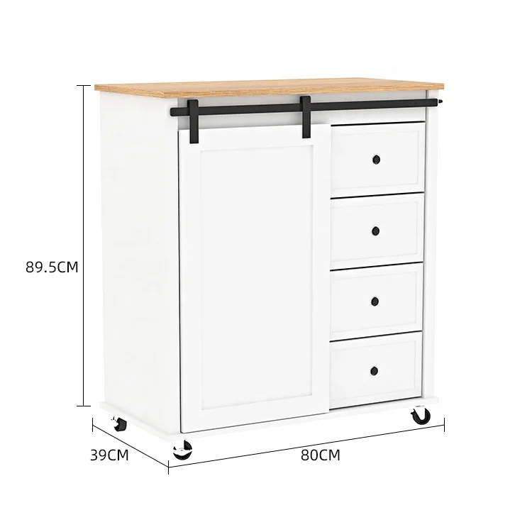 Sliding door design mobile white rubber wood rolling serving trolley kitchen island cart with drawer