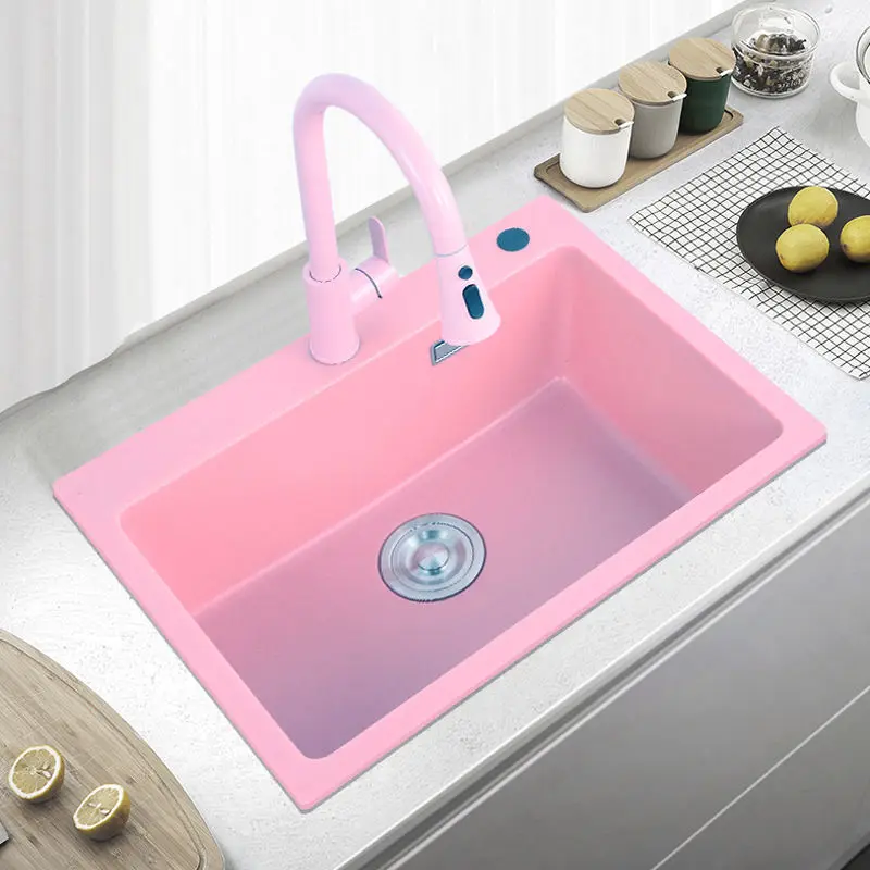 Pink Artificial Quartz Stone Kitchen Sink Household Thicken Large Single Bowl Handmade Square Spacious Sink
