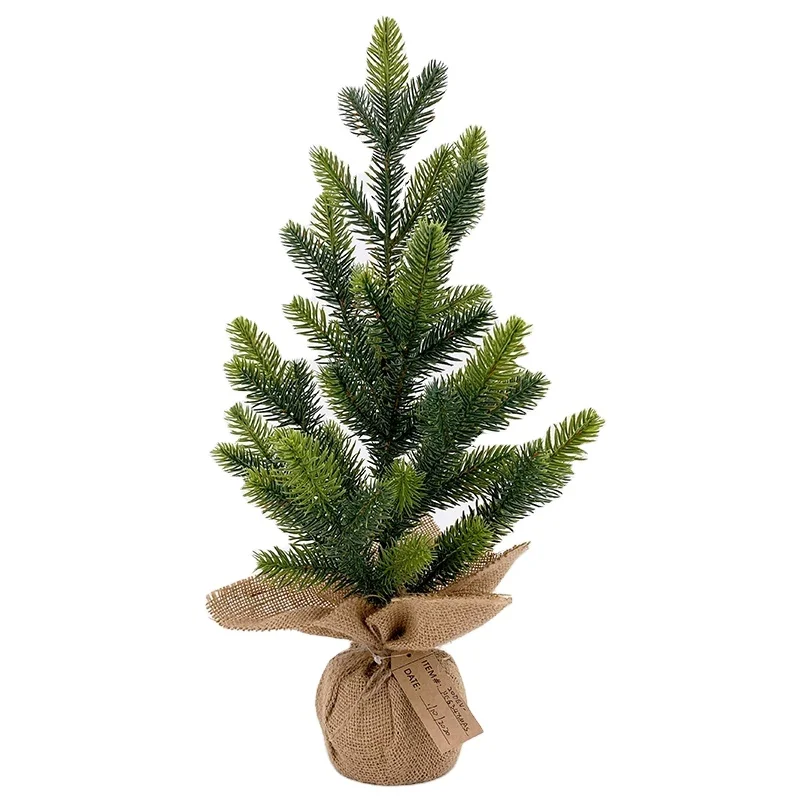 UNLIT XMAS TREE PINE TABLETOP CHRISTMAS TREE ARTIFICIAL WITH BURLAP AND GOLD WOVEN BASE