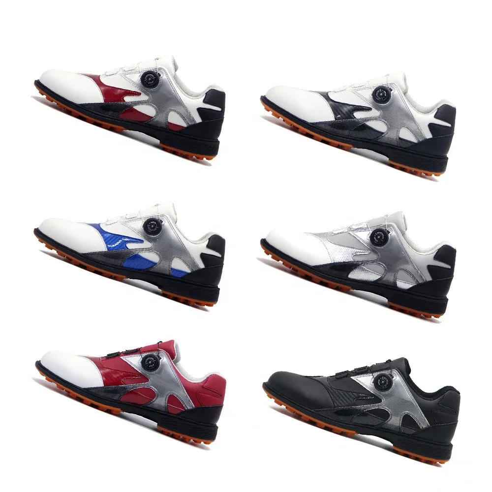 
Custom Wholesale Factory OEM Japan Korea PU Leather Black Dial Lock Auto Laces Spikenessless Men Golf Shoes 