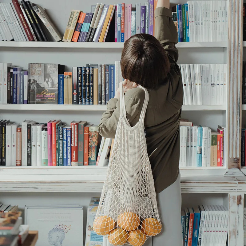 Long Handled  Eco Friendly Reusable  Organic 100% Cotton Mesh Shopping Bag