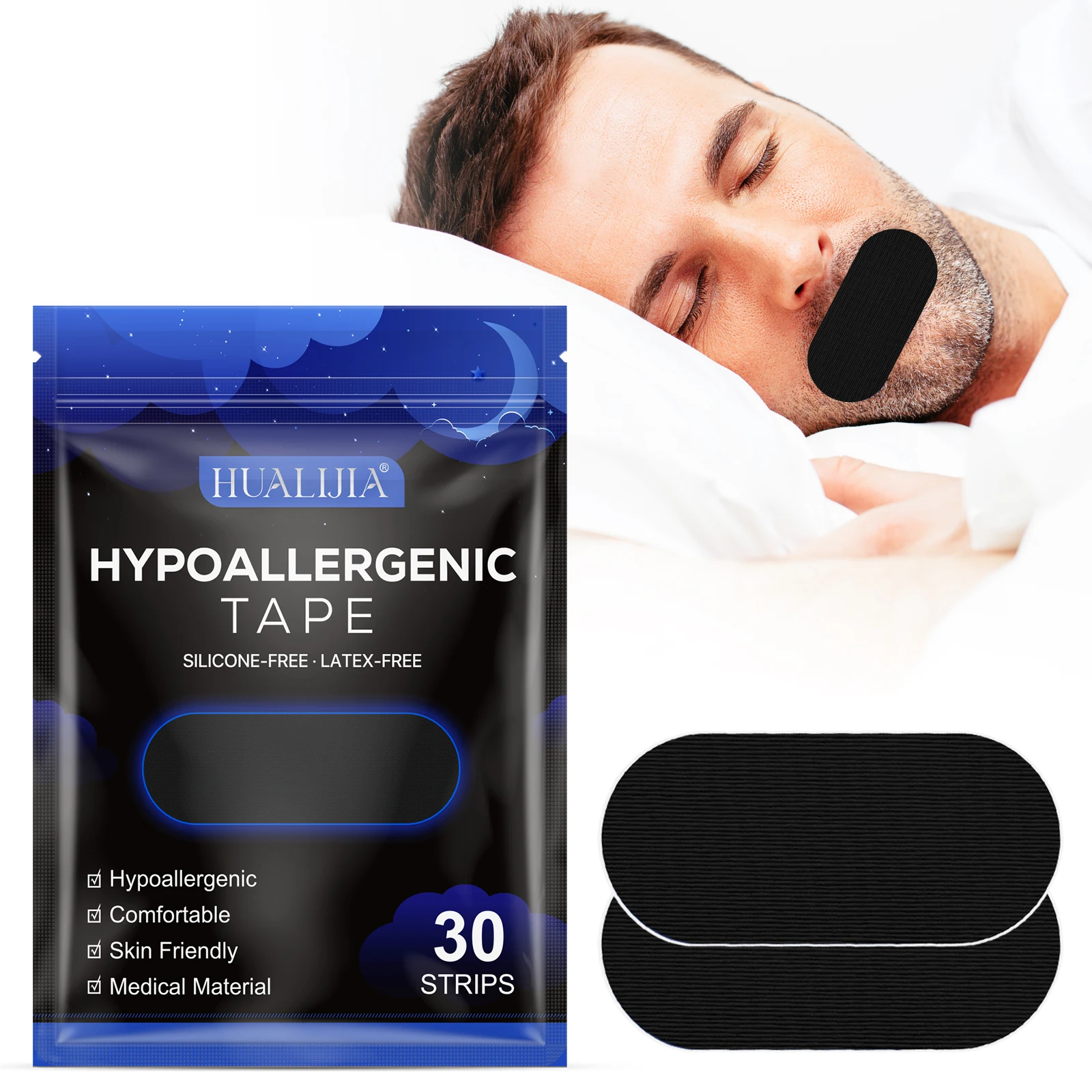 OEM ODM Private Label High Quality 30Pcs Pack Latex-Free Hypoallergenic Sleep Strips Anti Snoring Black Mouth Tape For Sleeping
