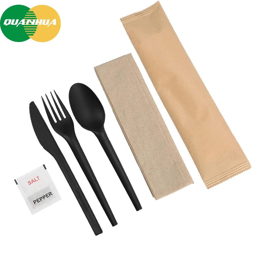 2022 QUANHUA CPLA Biodegradable Knife Disposable Cutlery Set With Napkins Compostable Cutlery
