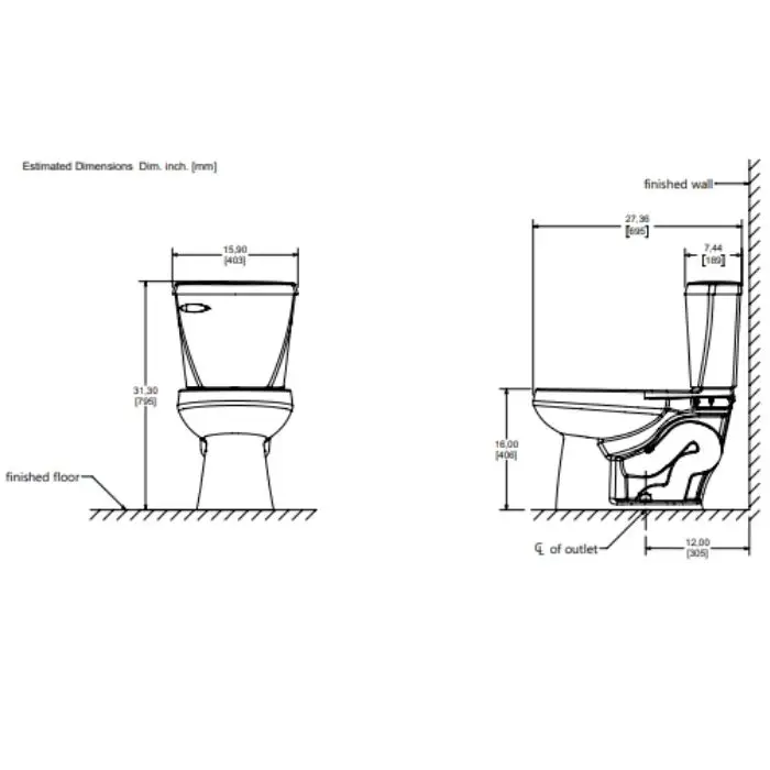Austral Two Piece Elongated Toilet WC With Lever 1.28 GPF For Reduced Spaces Floor Coupling White Waste Removal Water Efficiency