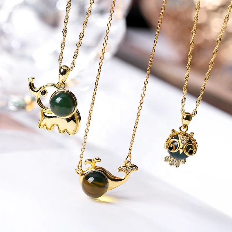 RFJEWEL Sterling Silver S925 Mexican natural Blue Amber pendant necklace entry lux elephant owl shark necklace