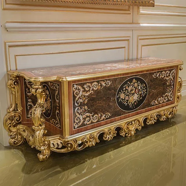 Italy design Luxury Carved Wood TV Stand, Classic Marquetry Inlaid TV Cabinet, Antique French style Sideboard