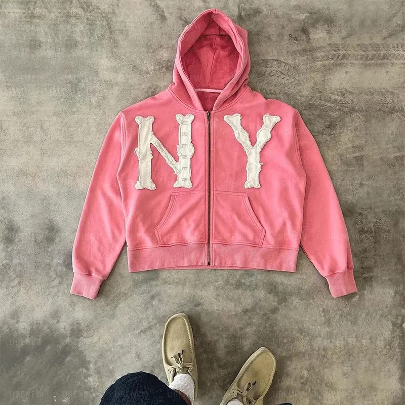 Custom Distressed Applique Embroidery Patch Zip Up Streetwear Oversized Cut Edge Designer Crop Hoodie Raw Hem Hoodies Men