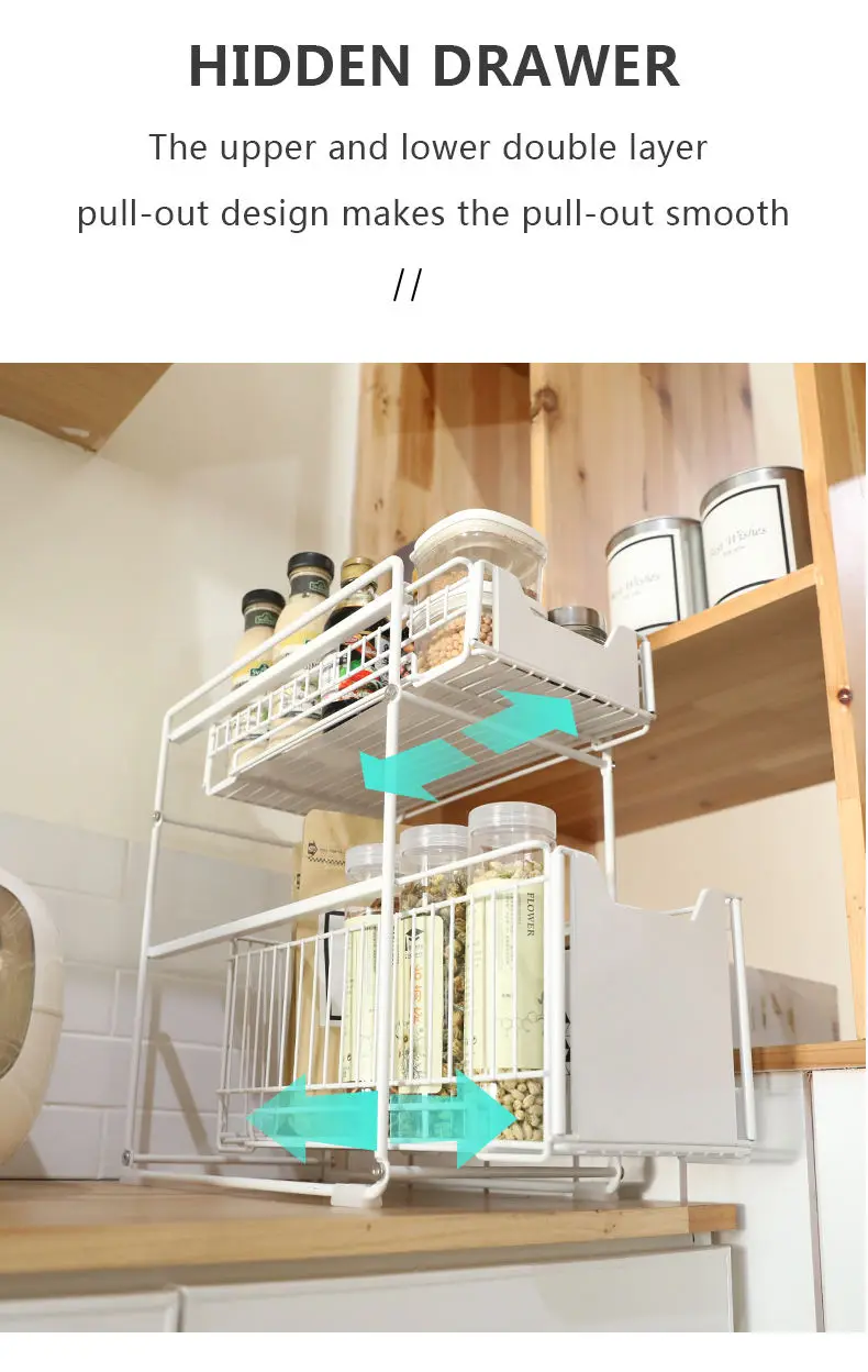 Retractable steel shelf 2-tier under sink cabinet sliding basket organizer