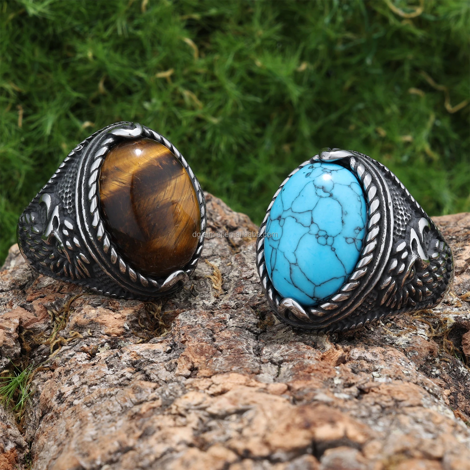 Stainless Steel Eagle Curved Inlaid Black Agate Arabic Man Wedding Engagement Band Ring Natural Tiger Eye Stone Rings for Men