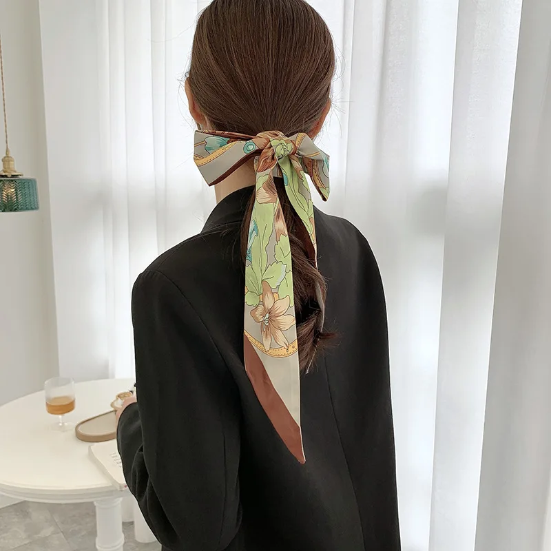 Colorful Floral Print Twill Scarf Handbag Handle Wrap Ornament Bag Twill Satin Hair Silk Scarves